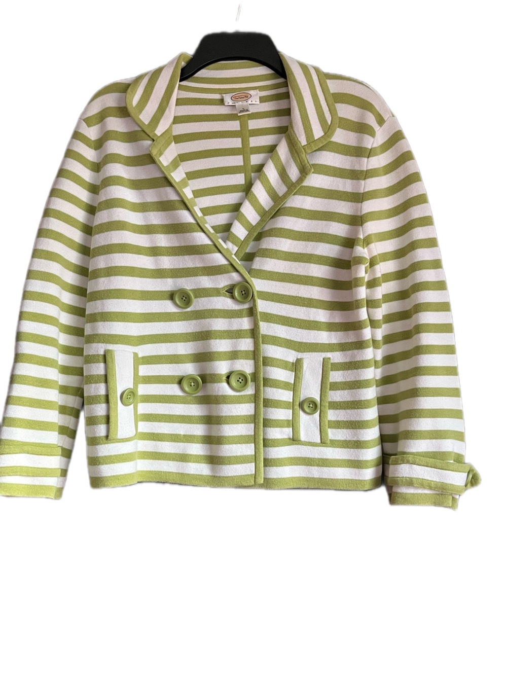Talbots Petites White Green Stripe Knit Blazer 100% Cotton CoastalGrandmother PL